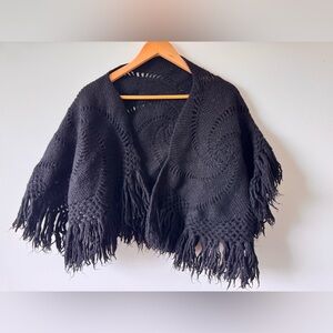 Vintage Black Crochet Fringe Shawl